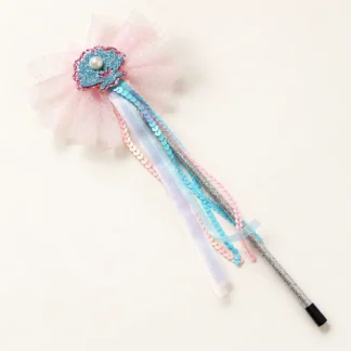 Fairy wand with a pink tulle bow, a sequin shell with a pearl, and teal and pink ribbon streamers