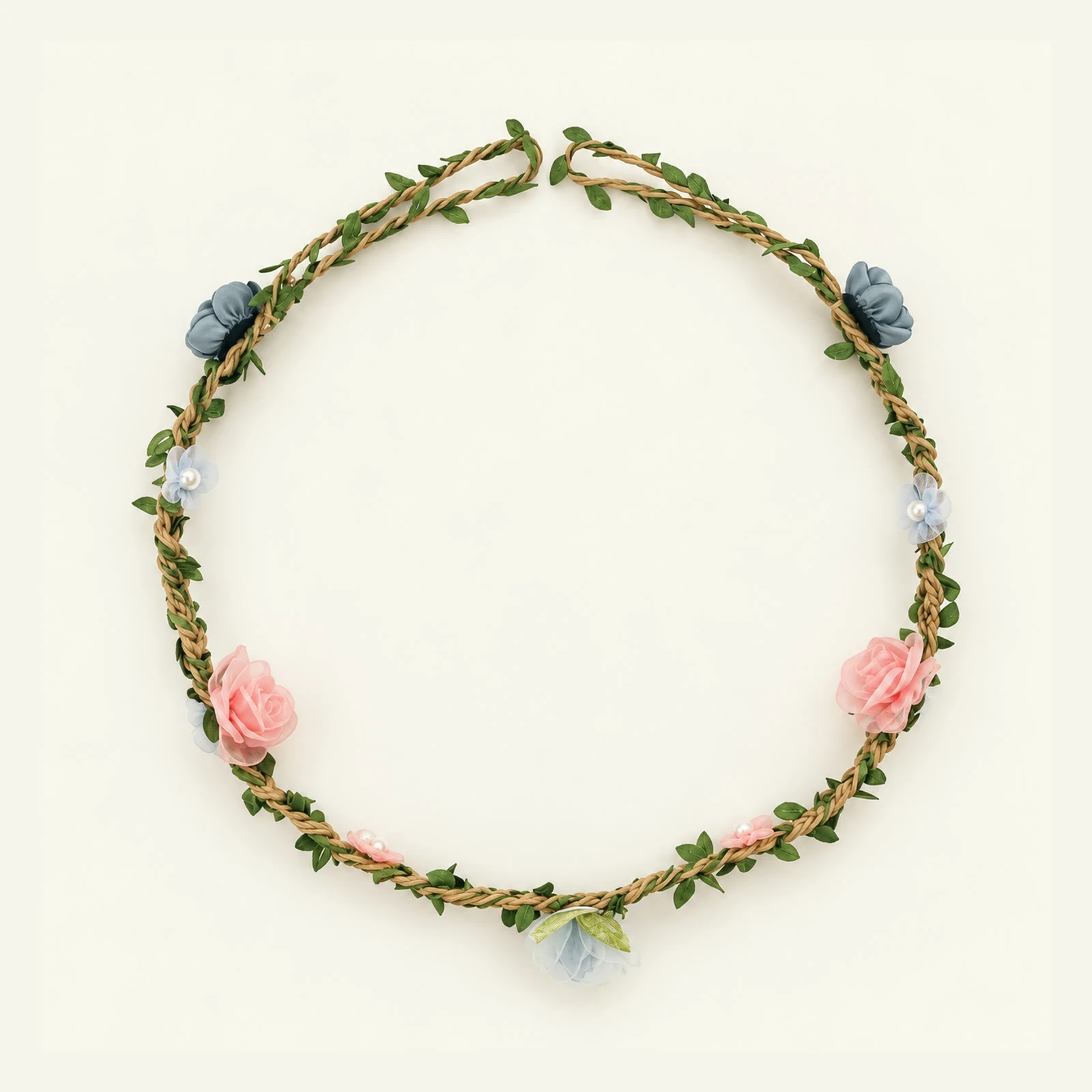 Wreath of pink roses and blue flowers on a leafy vine base