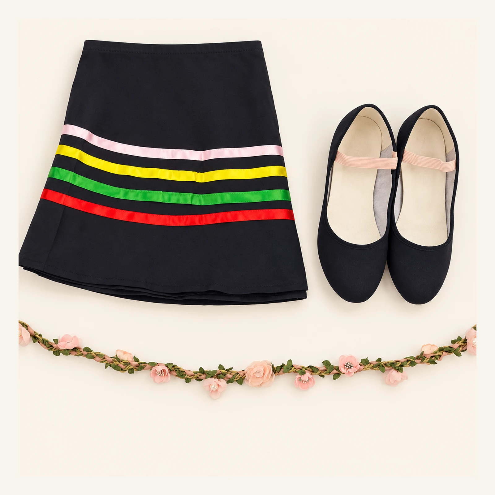 Wreath laid out with a black ribbon-trimmed character skirt and shoes