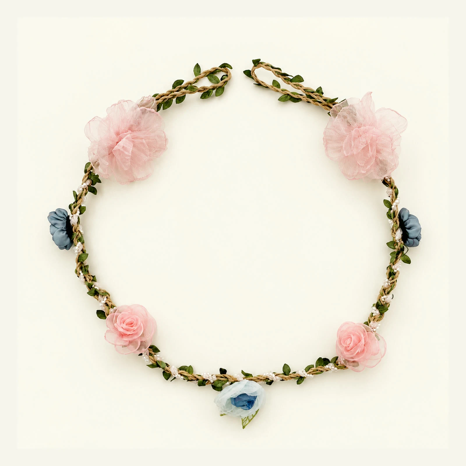 Wreath with large pink organza roses and small blue flowers
