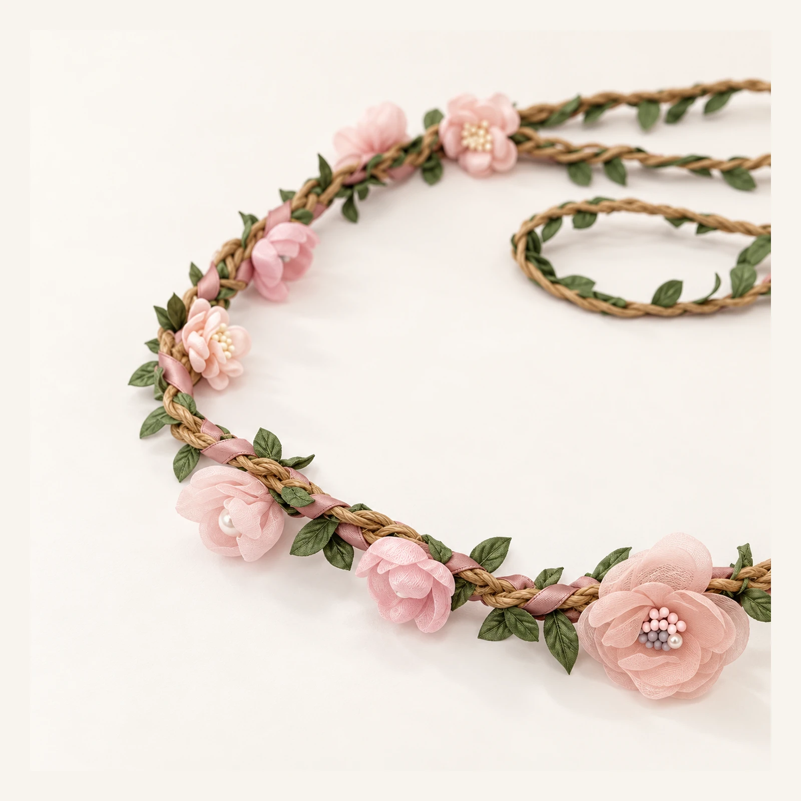 Close-up of pink roses, leaves and the twisted vine base of the wreath