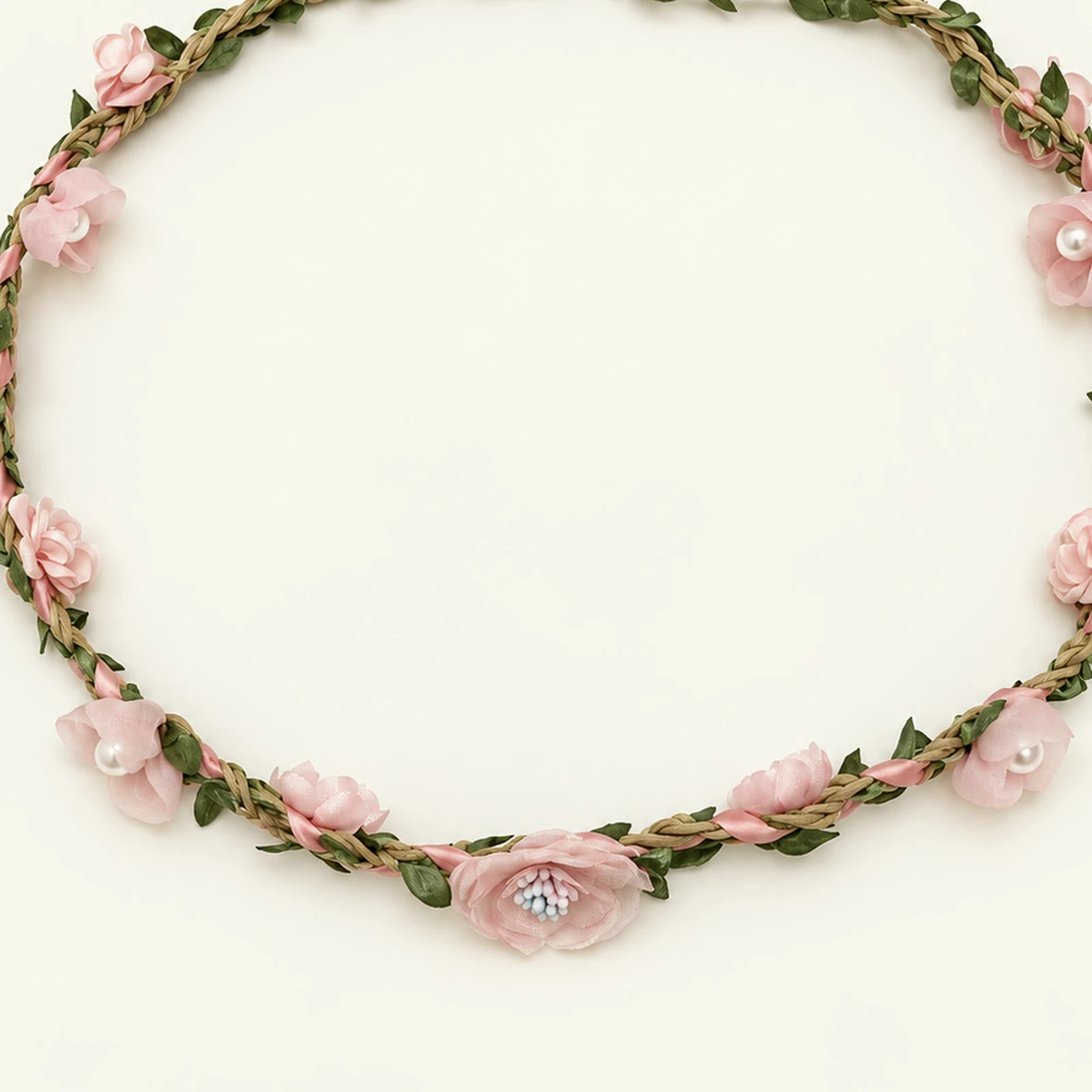 Detail of the pink wreath with pearl-centred roses