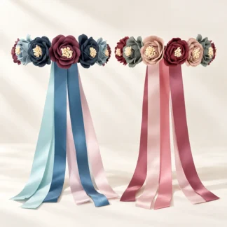 Two floral headbands with long satin ribbons, one in dusty blue tones and one in rose pink tones
