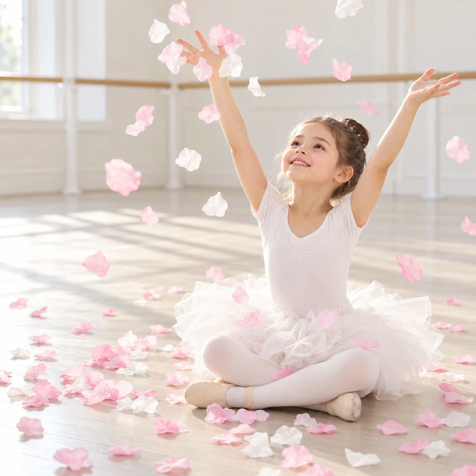 Young dancer in a white leotard and tutu skirt sitting among pink and white petals tossed in the air