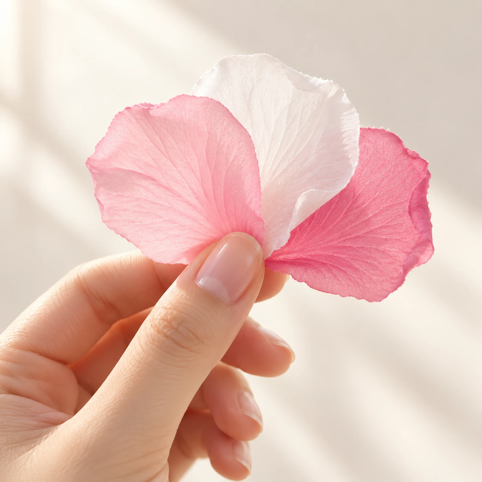 A hand holding three light fabric petals in pink, white and rose