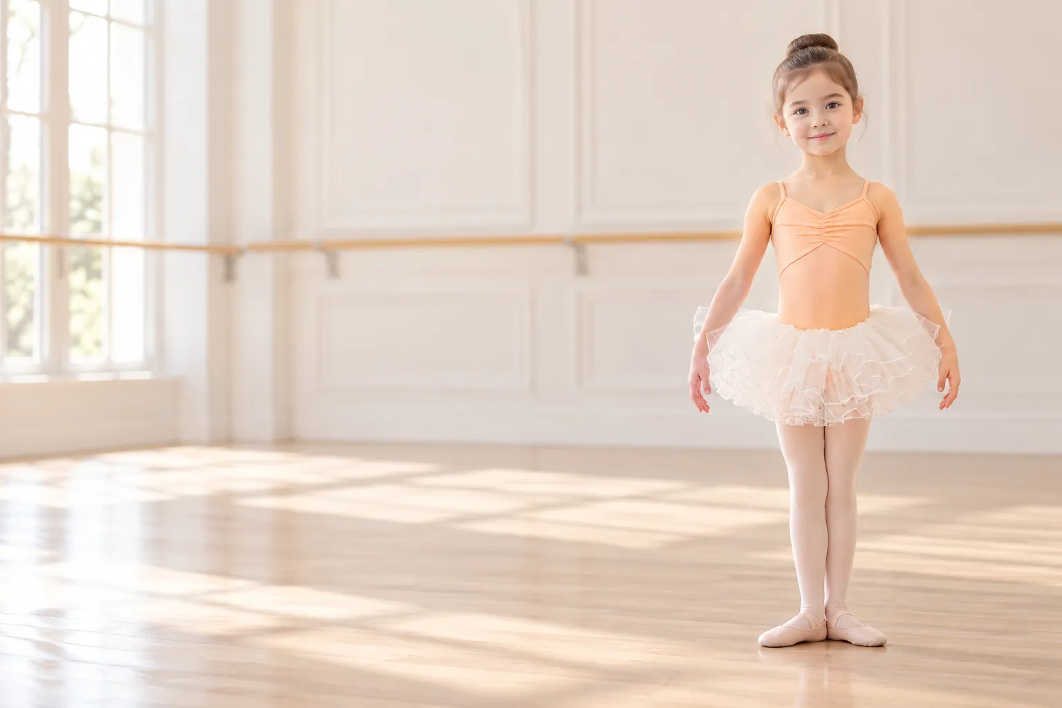 A young girl in an orange leotard and white tutu skirt standing in a ballet studio