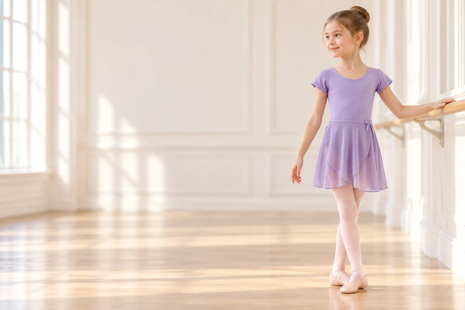 A young dancer in a lilac leotard and wrap skirt resting her hand on a ballet barre