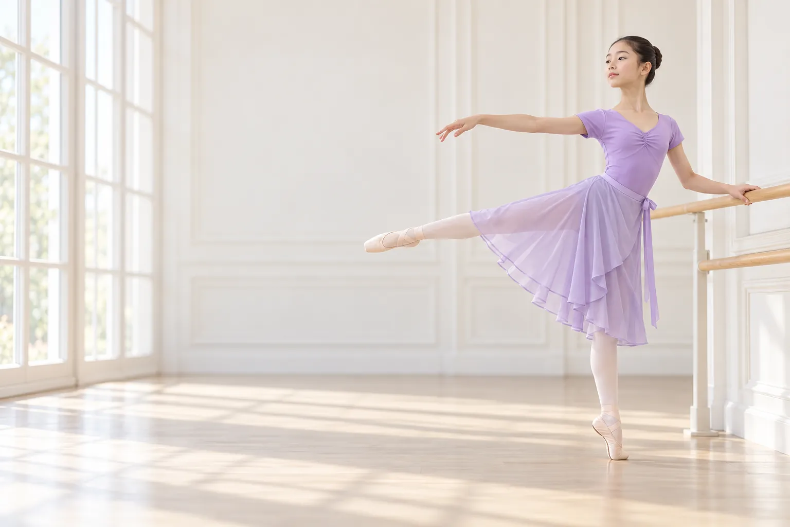 A dancer in a lilac chiffon wrap skirt and leotard extending her leg beside a ballet barre