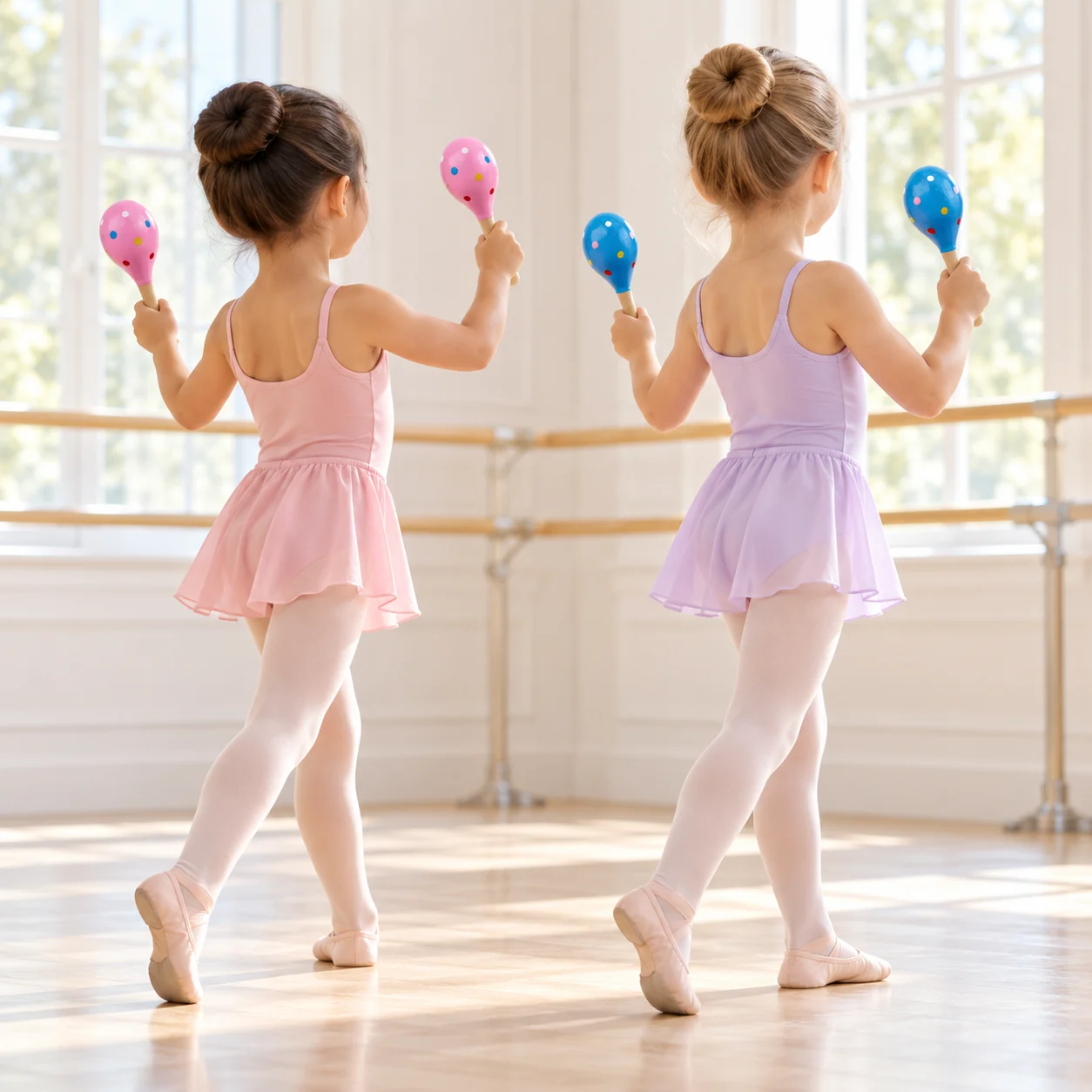 Two girls in a ballet studio holding painted hand shakers up, one pink and one blue
