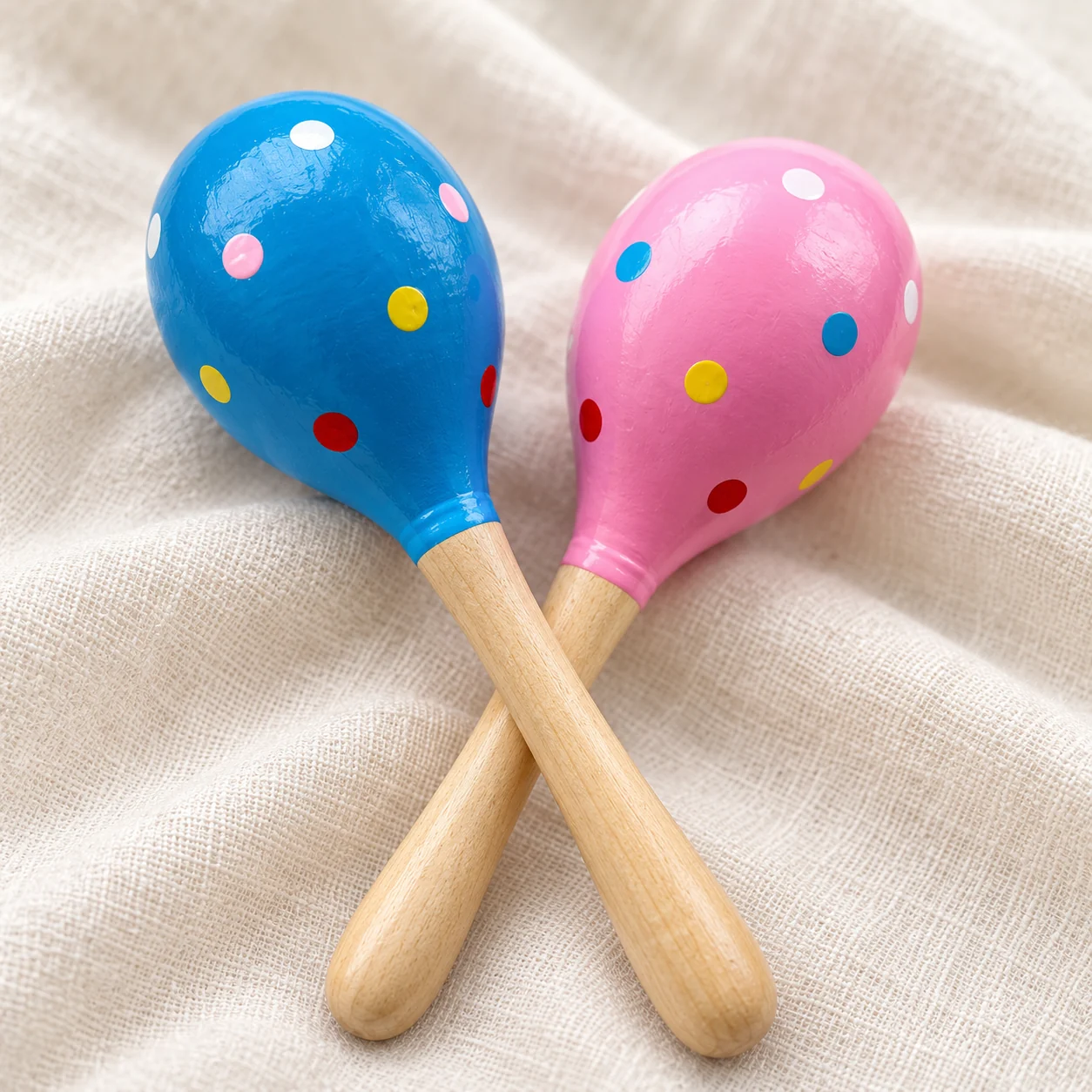 A blue and a pink painted wooden hand shaker lying on cream linen