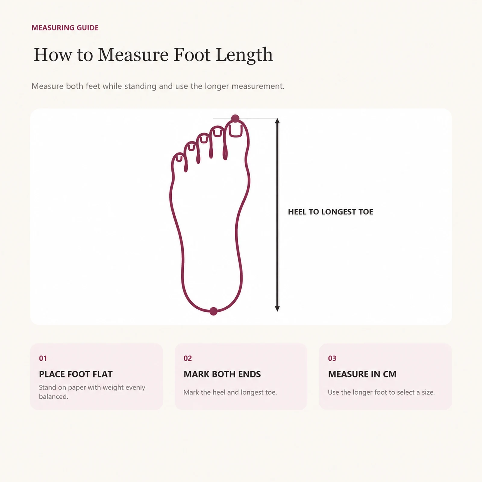 How to measure foot length for ballet slippers: outline of a foot with heel-to-longest-toe line
