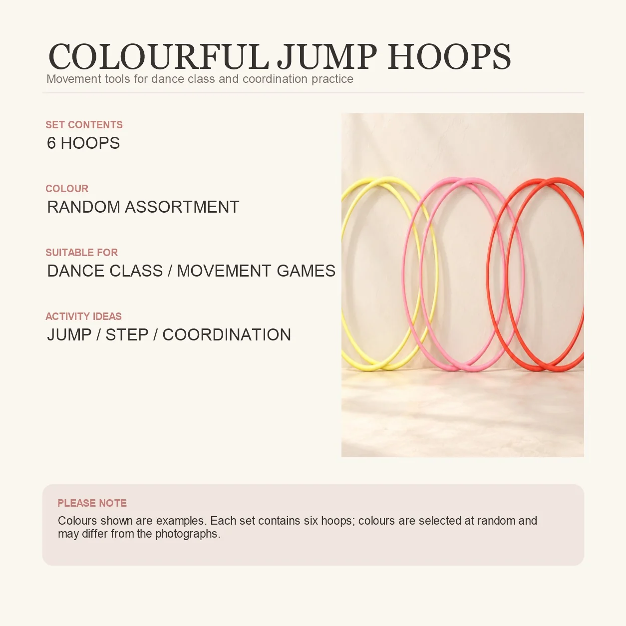 Product information for the set of six jump hoops, colors assorted at random