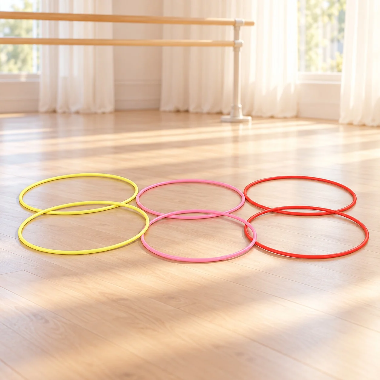 Colored hoops laid on the floor of a bright ballet studio, ready for a jumping and stepping game
