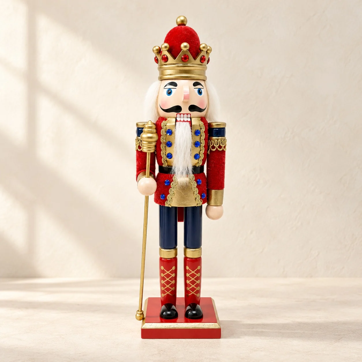 Nutcracker king in a red and navy coat with a gold crown and scepter