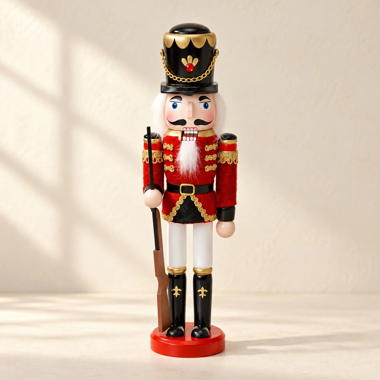 Classic nutcracker soldier in a red coat with a tall black hat and a toy rifle