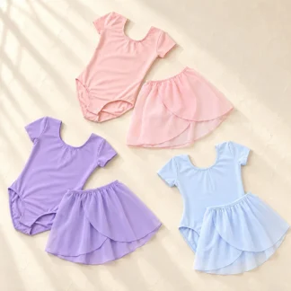 Three children's short-sleeve ballet leotards with matching chiffon skirts in pale pink, lavender and light blue