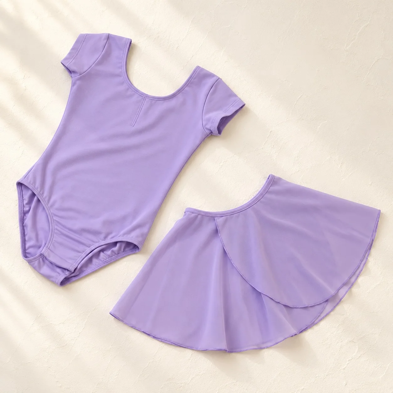 Lavender short-sleeve ballet leotard with a matching lavender chiffon skirt