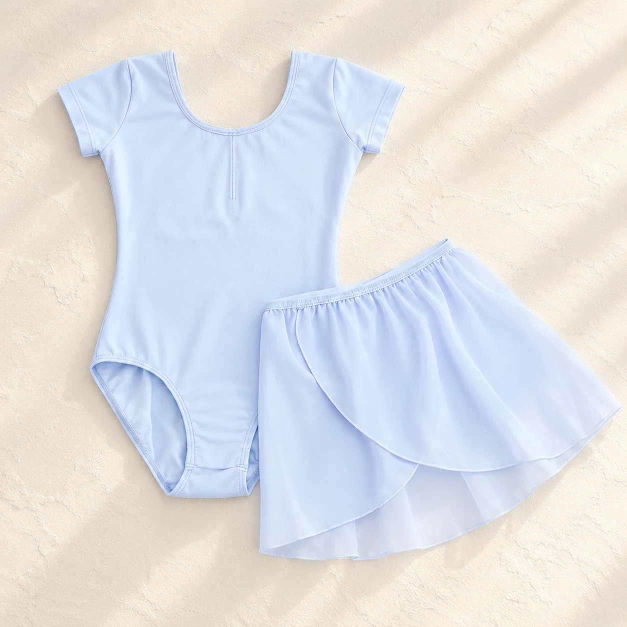 Light blue short-sleeve ballet leotard with a matching light blue chiffon skirt