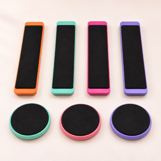 Ballet turning board all colors flat lay – round disc and rectangular board in pink purple mint green orange