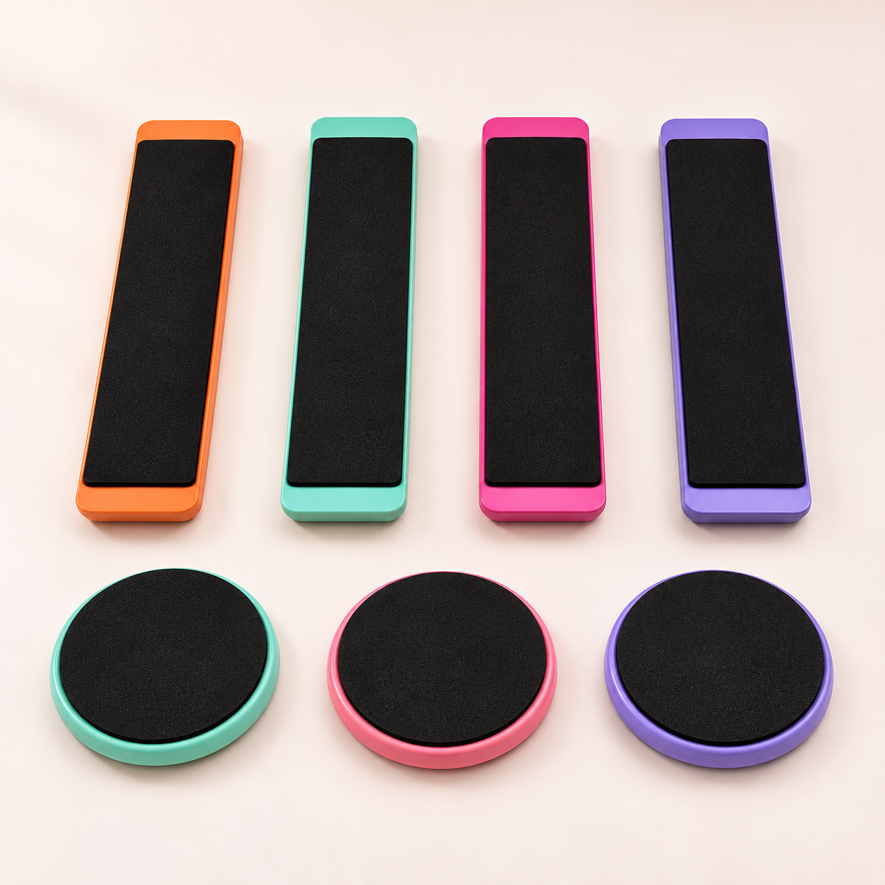 Ballet turning board all colors flat lay – round disc and rectangular board in pink purple mint green orange