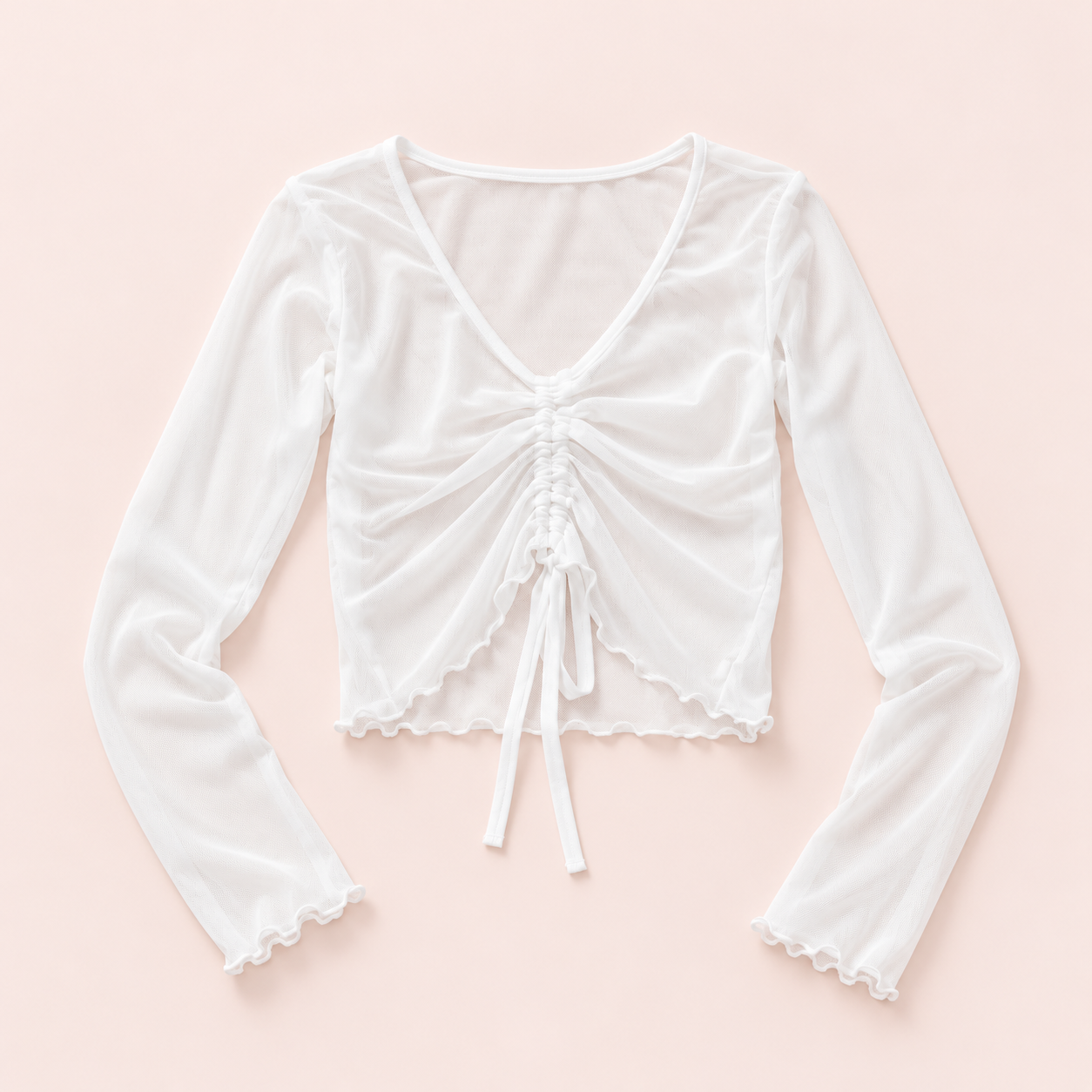 White ballet mesh shrug flat lay – long sleeve ruched front