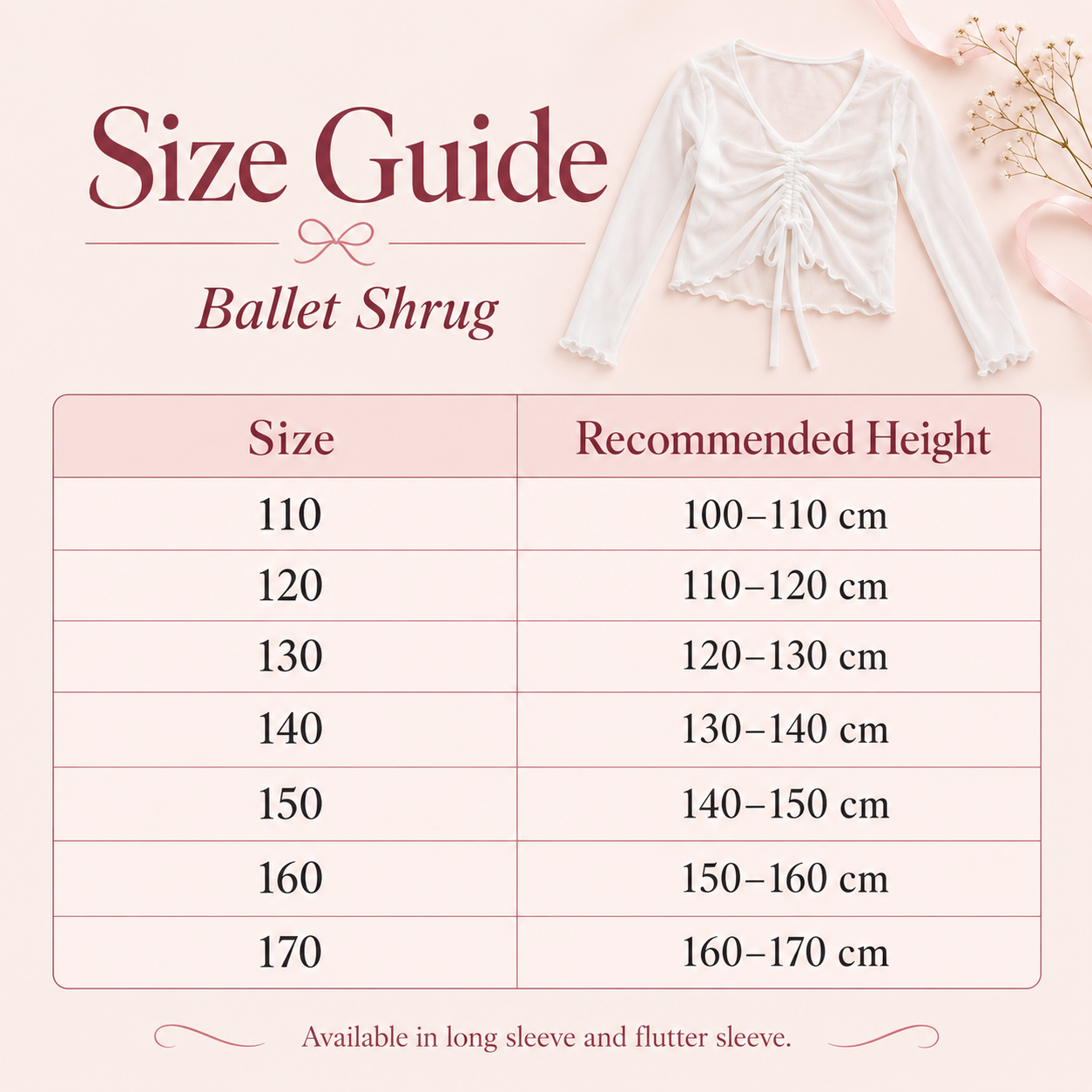 Ballet shrug size guide – sizes 110 to 170