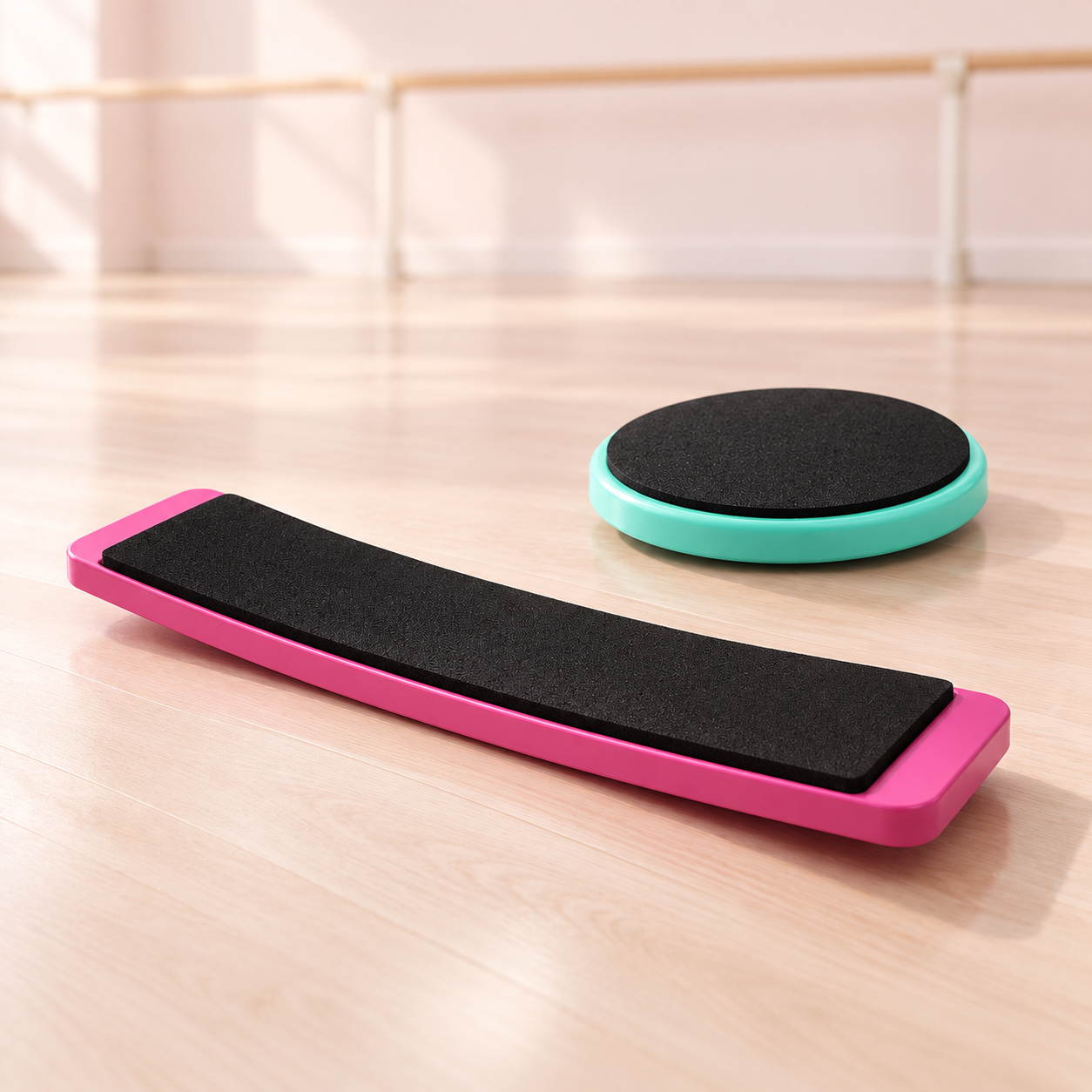 Ballet studio turning boards – pink rectangular board and teal round disc on studio floor