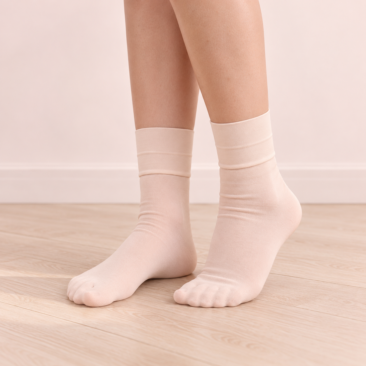 Ballet ankle socks on feet – front view on studio floor